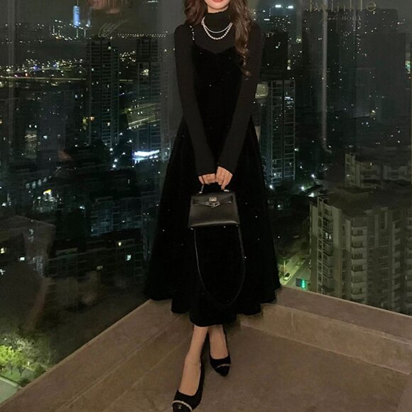 Midnight Muse Velvet Gown - Black A-Line Party & Birthday Dress, Fall/Winter - Picture 1 of 9